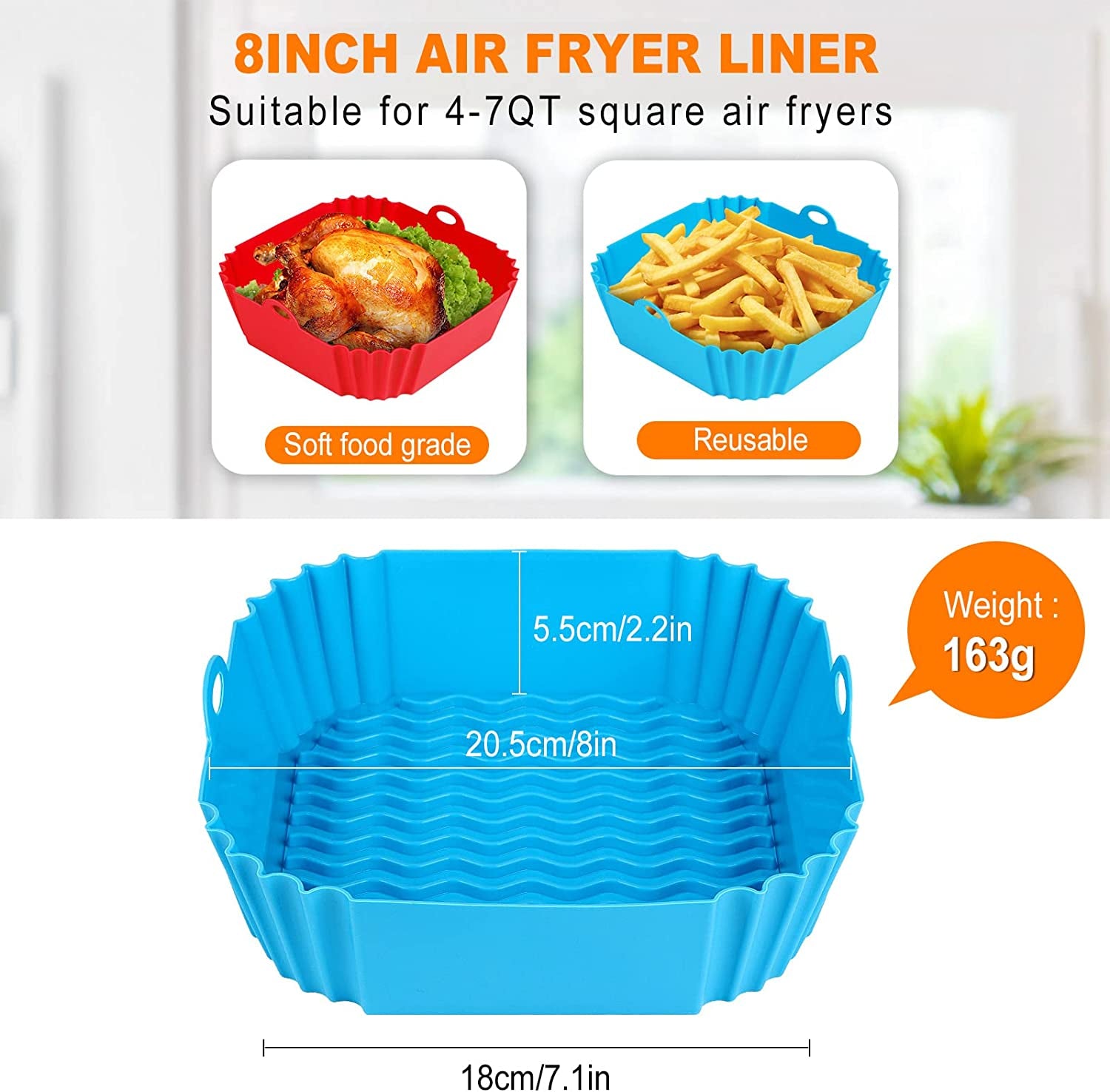 Square Silicone Air Fryer Liners - 8 Inch Reusable Air Fryer Pot - Air Fryer Accessories - Air Fryer Inserts for 4 to 7 QT Oven Microwave Accessories (Red + Blue)