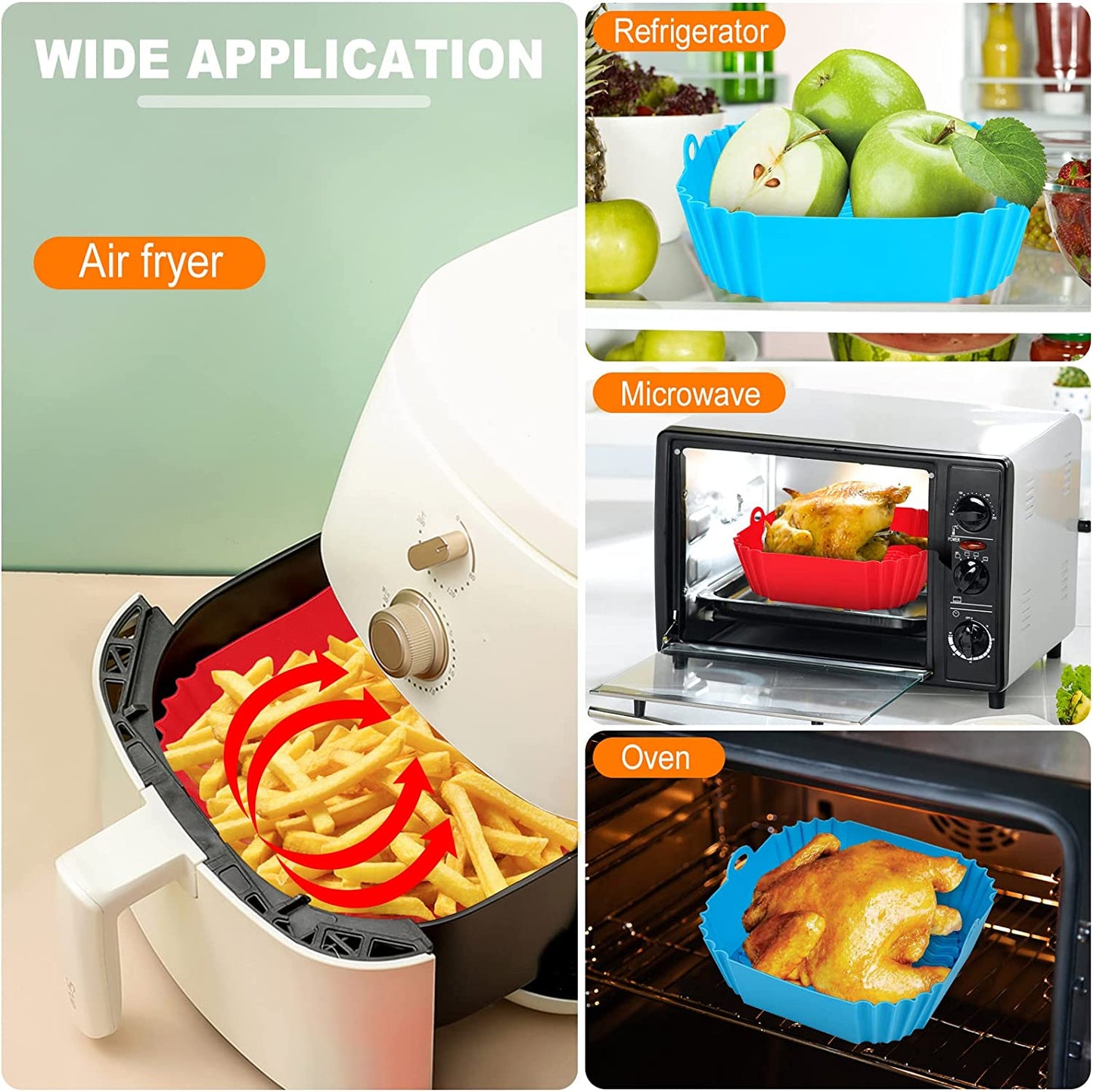 Square Silicone Air Fryer Liners - 8 Inch Reusable Air Fryer Pot - Air Fryer Accessories - Air Fryer Inserts for 4 to 7 QT Oven Microwave Accessories (Red + Blue)